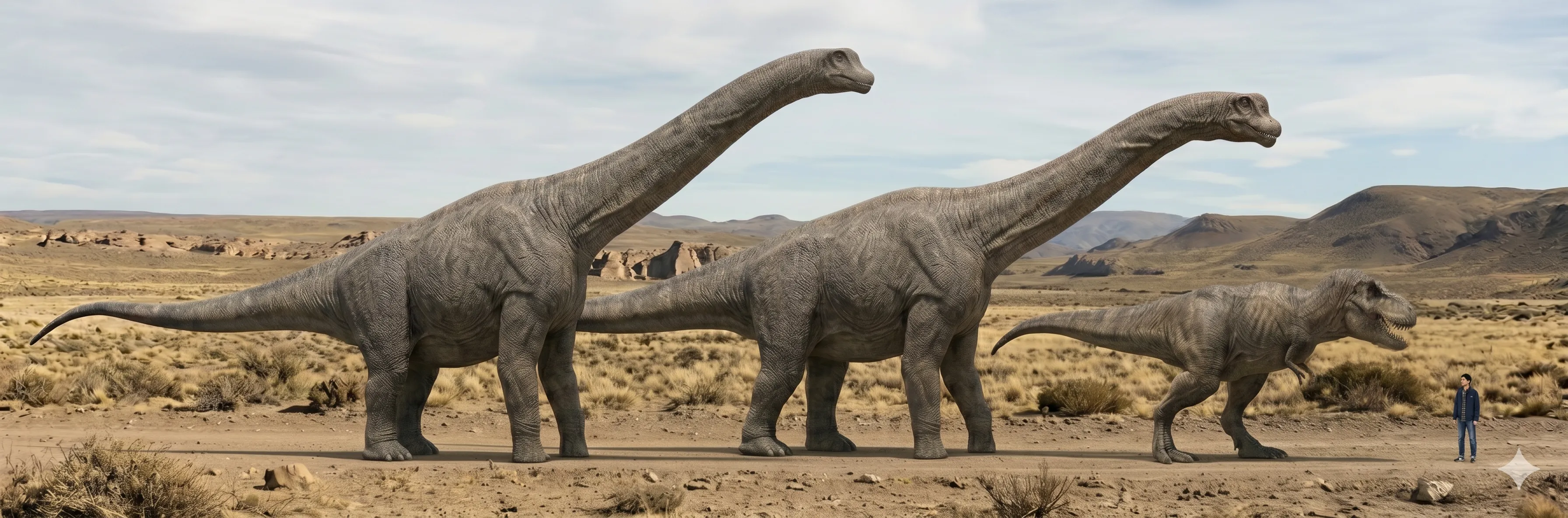アルゼンチノサウルス、パタゴティタン、ティラノサウルス、人間の巨大サイズ比較イメージ図