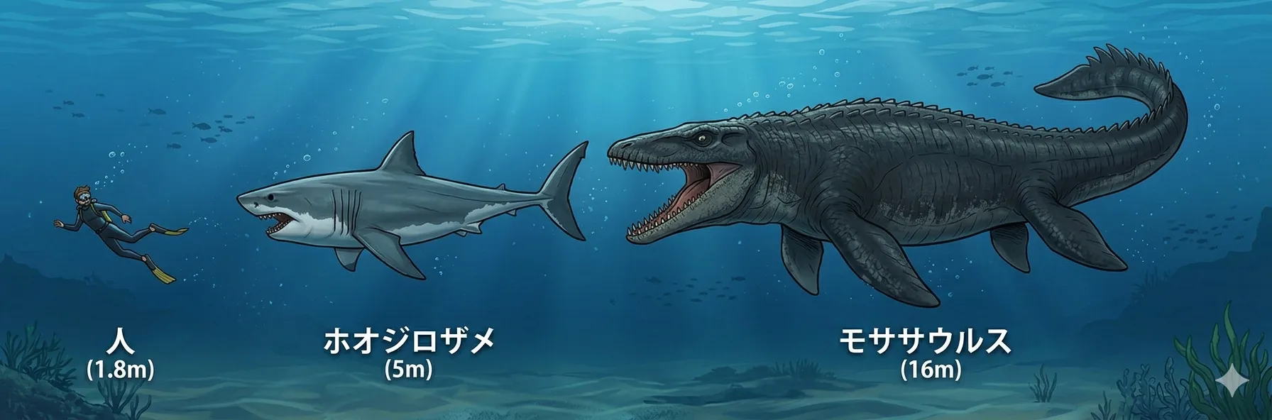 モササウルスの大きさと身近なものとの比較
